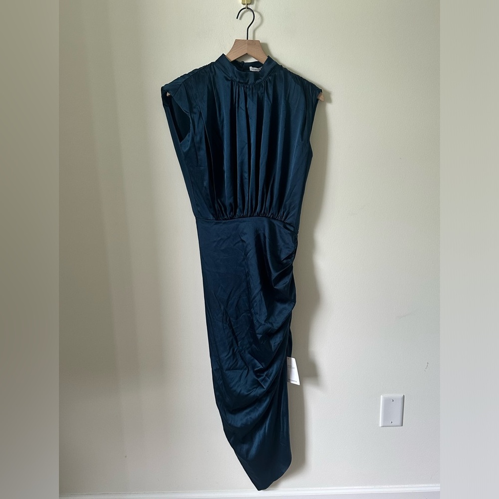 NWT Veronica Beard Kendall Stretch Silk Asymmetrical Ruched Petrol Dress 0 - Picture 2 of 6